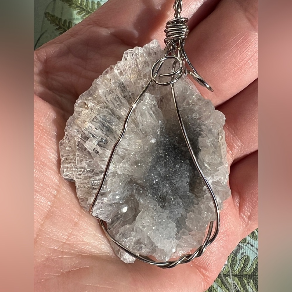 Handmade Silver Wire-Wrapped Clear Crystal Geode Pendant Necklace